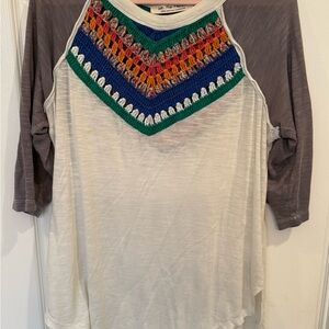 We The Free Gray and Cream Long Sleeve Top with Multicolor Chevron